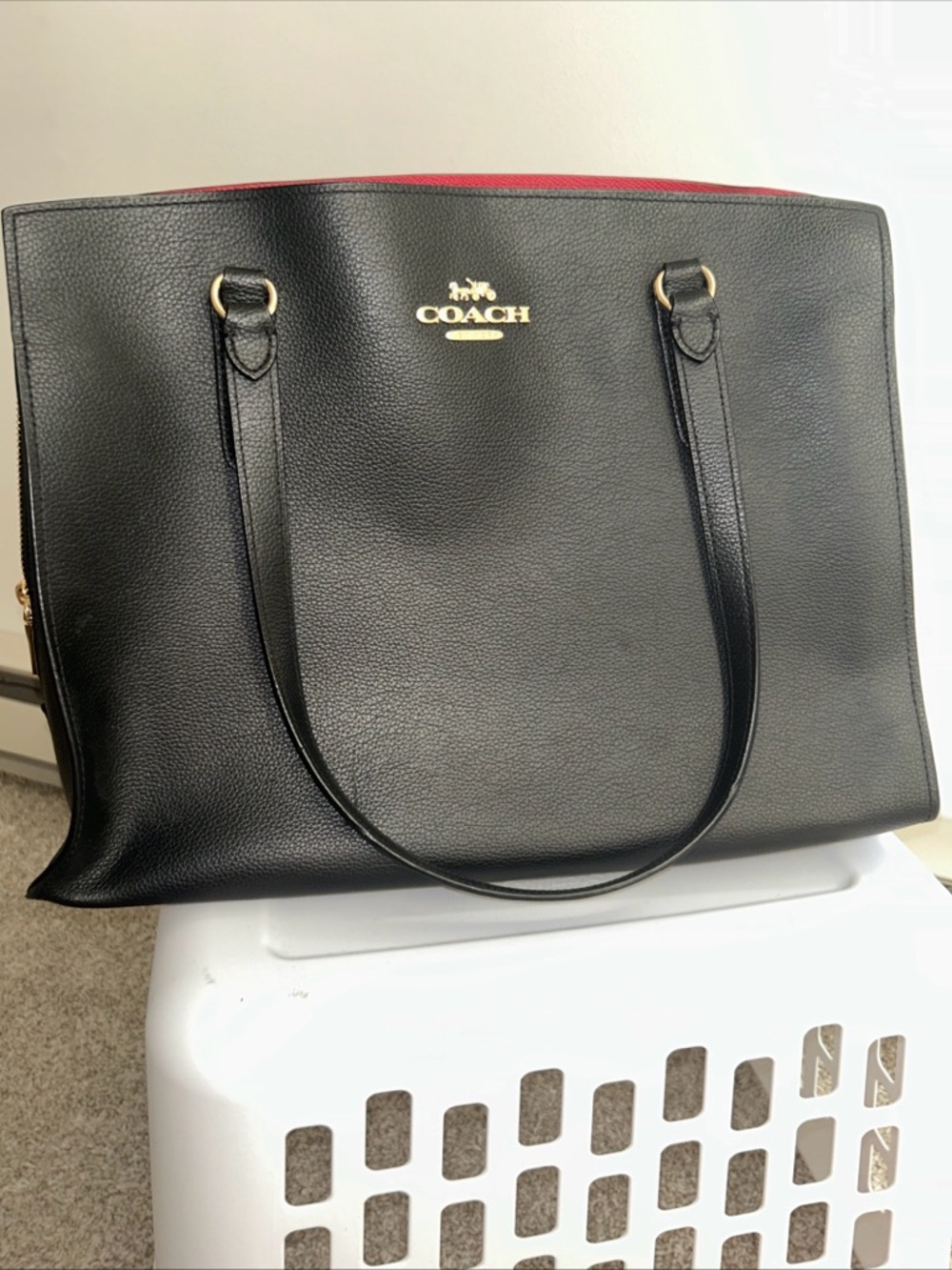 Coach Tatum Black Leather Carryall Tote C4077 Black Red